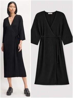 Everlane Ribbed Wrap Midi Dress Black V Neck Tie Waist Minimalist Small NWOT